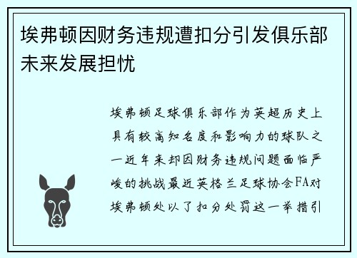 埃弗顿因财务违规遭扣分引发俱乐部未来发展担忧